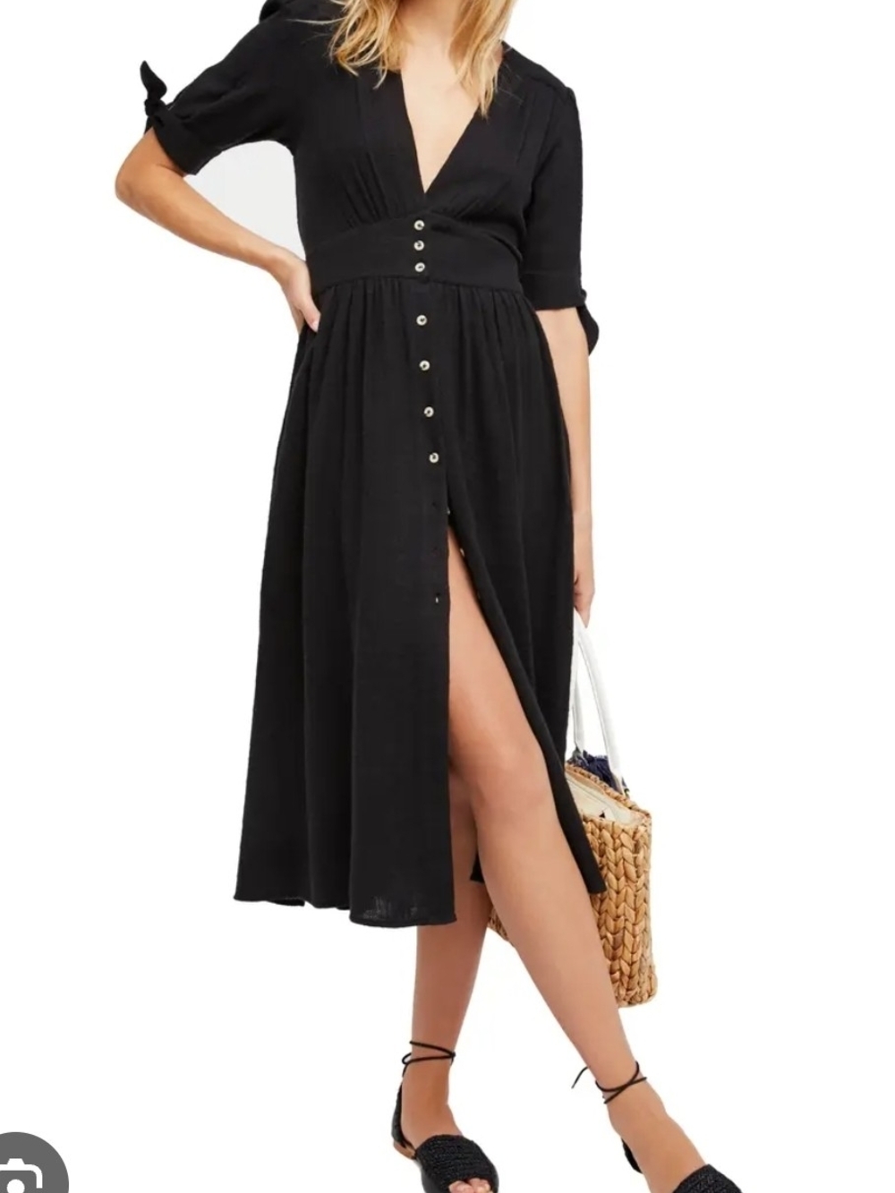 Free People Black Button-Front V-Neck Midi Dress